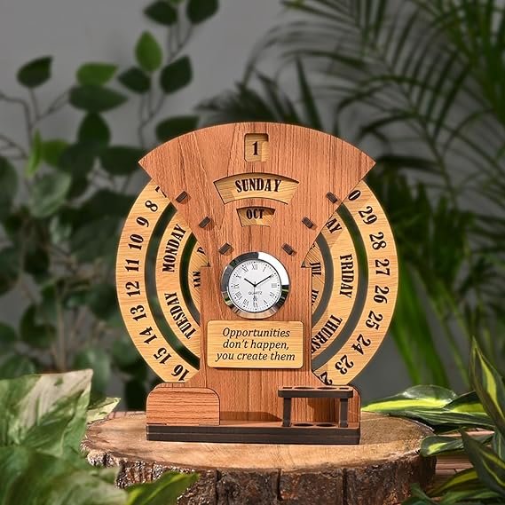 GKD Calendar of lifetime Calendar with Desk Organizer and Clock wooden premium antique look for office decor home,corporate gifts (Dark Wood Eco Friendly)